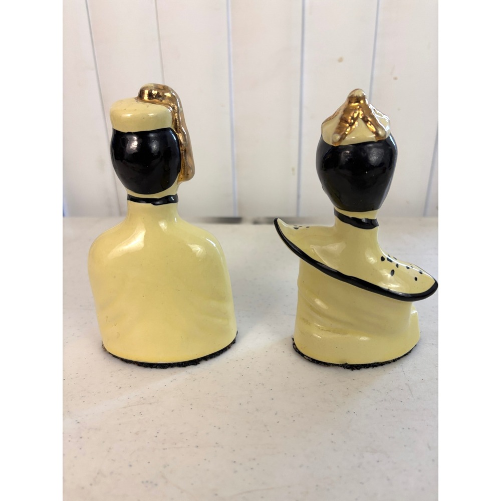 Vintage 1950s Asian Man Woman Ceramic Figurines Pair Yellow Black Gold MCM - Picture 5 of 9